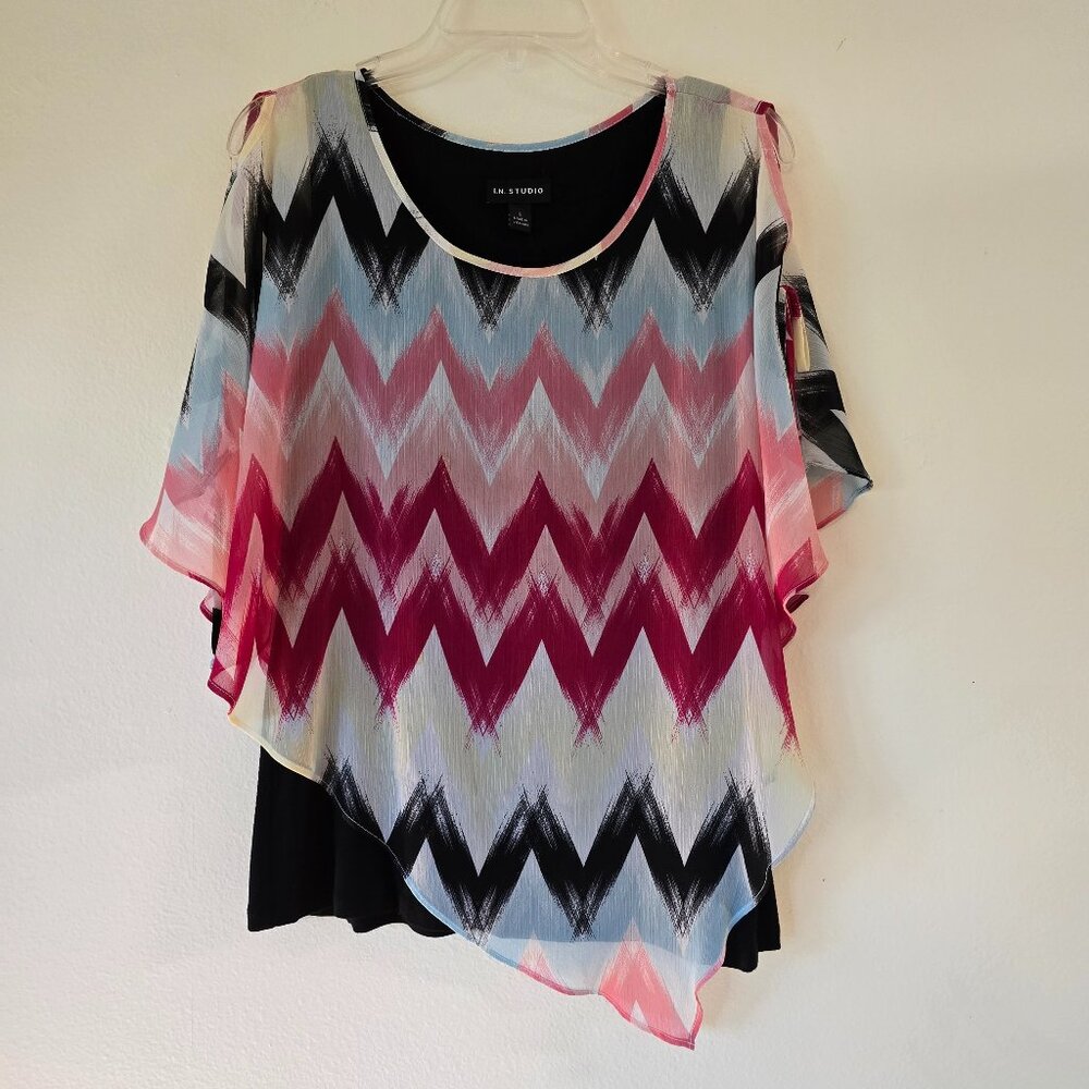 I.N. Studio Chevron Print Asymmetric Hem Layered Chiffon Poncho Top Large